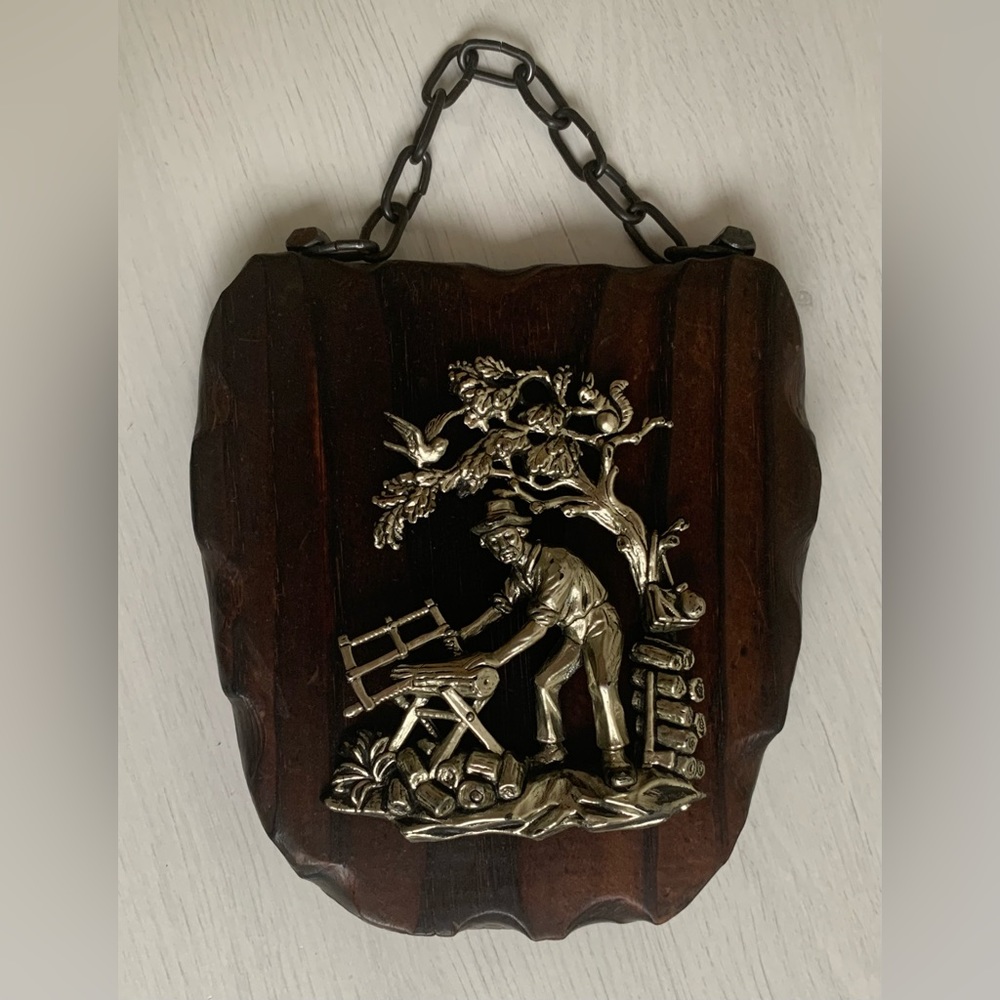 Vintage Wood & Metal Wall Plaque - Man Sawing Log - Made in West Germany